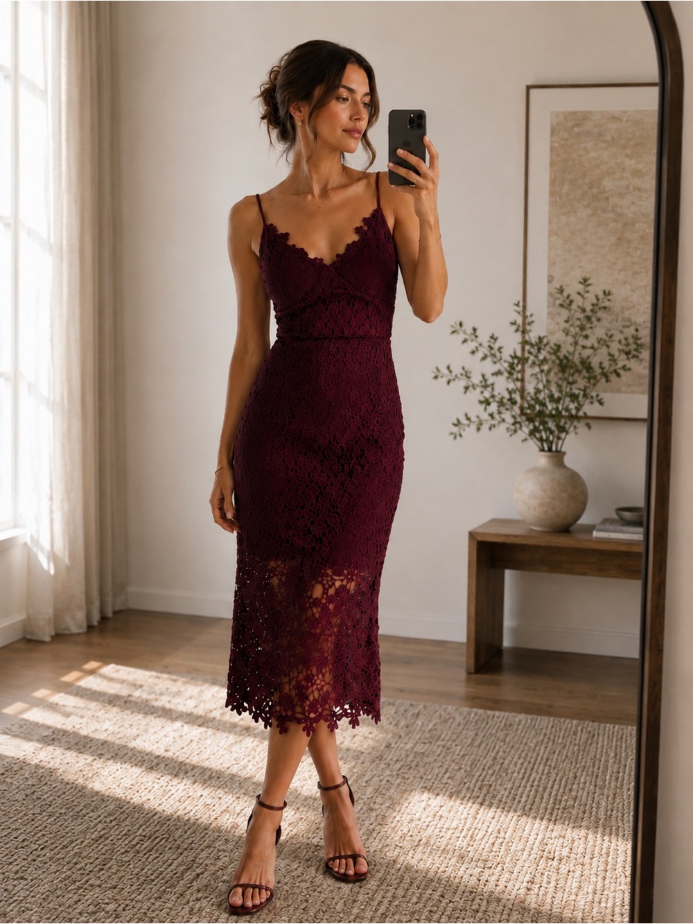 MATTY M Burgundy Lace Midi Portrait Dress Size Medium